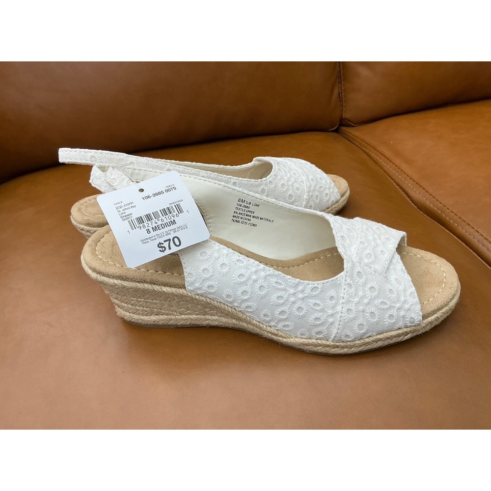 St. Johns Bay SJB Lone Wedge Sandals Womens 8 Cream NEW Eyelet Espadrille